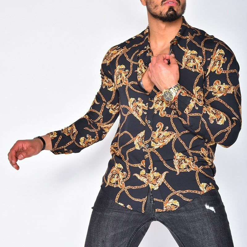 Men's Printed Cardigan Casual Lapel Long Sleeve Shirt