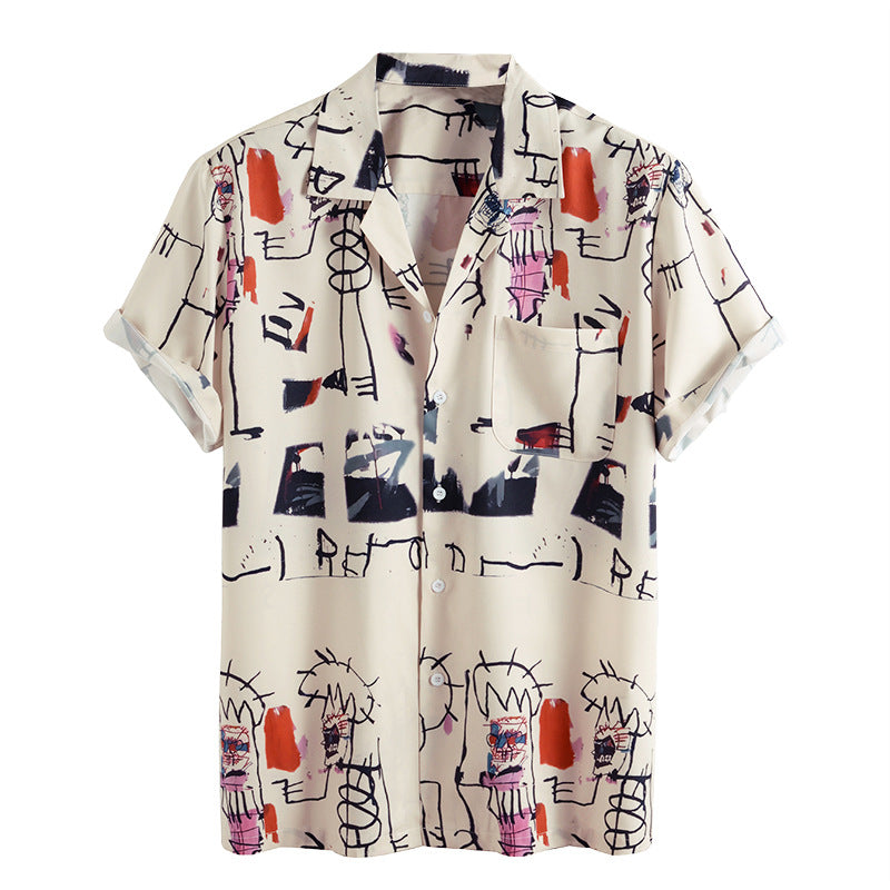 2021 new short-sleeved men's shirt, fun graffiti printing casual men's shirt