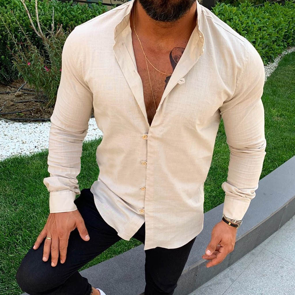 Men's casual cotton and linen round neck long sleeve shirt