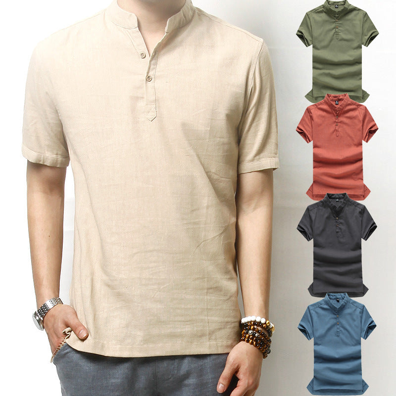 Men's short-sleeved casual stand-collar linen shirt