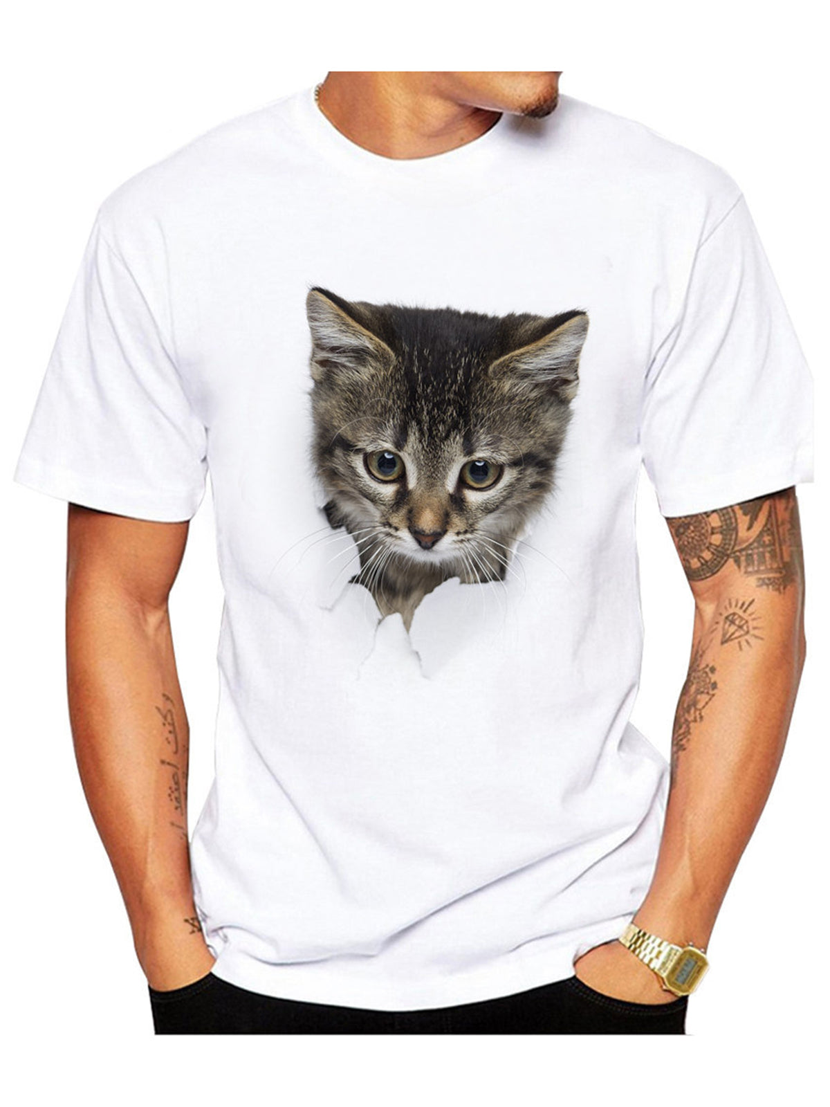 Men's Torn Paper Cat Print Short Sleeves Casual Tees