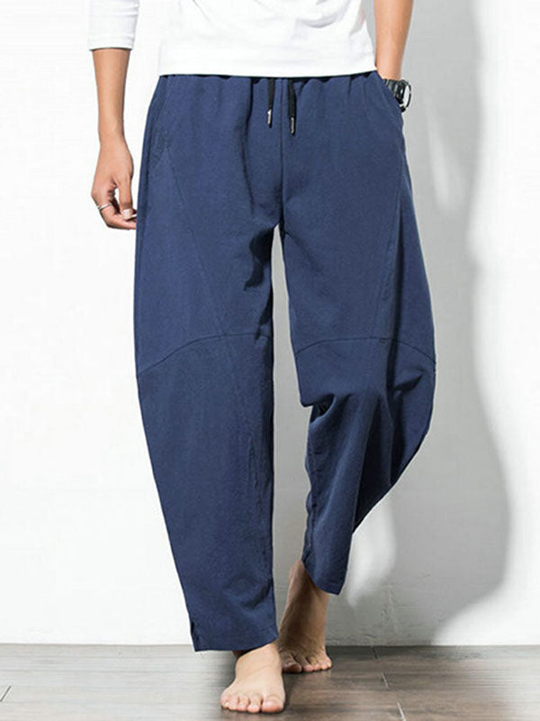 Men's Casual Baggy 100% Cotton Harem Pants Solid Color Loose Wide Leg Pants