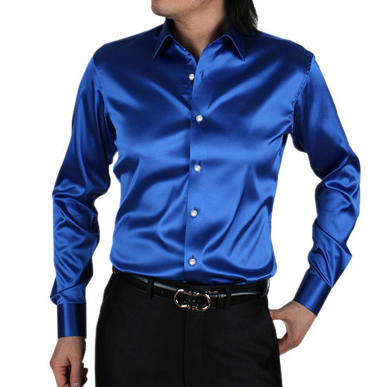 Men's Long Sleeve Shiny Silk Like Satin Dance Prom Dress Shirt Party Button Down Tuxedo Shirts