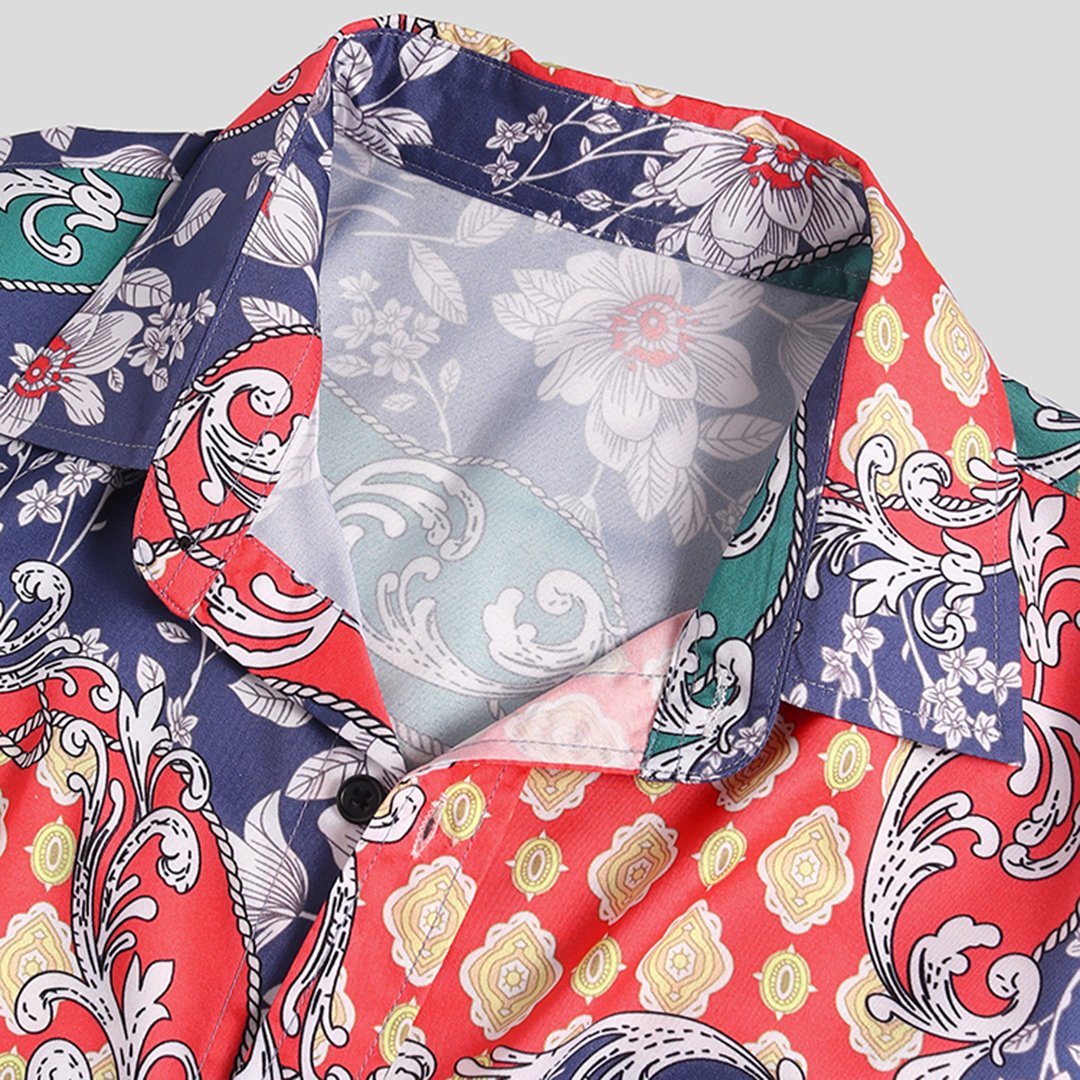 Men Ethnic Printed Short Sleeves Lapel Shirt