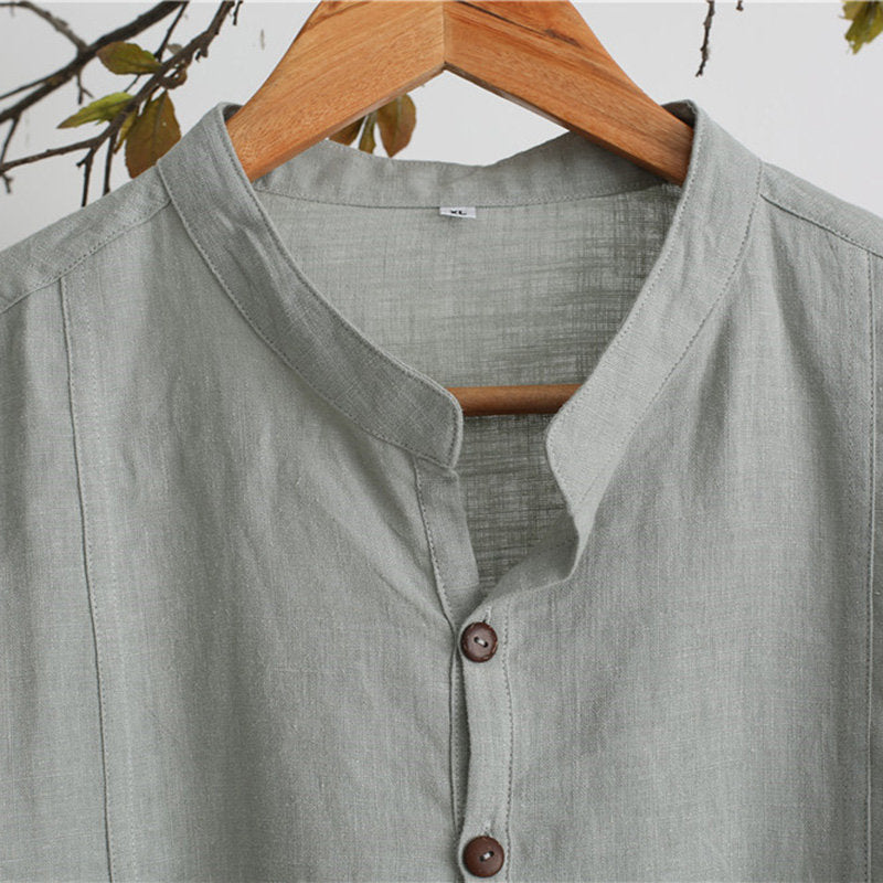 Mens 100% Cotton National Style Three-quarter Sleeve Plain Loose Henley Shirts