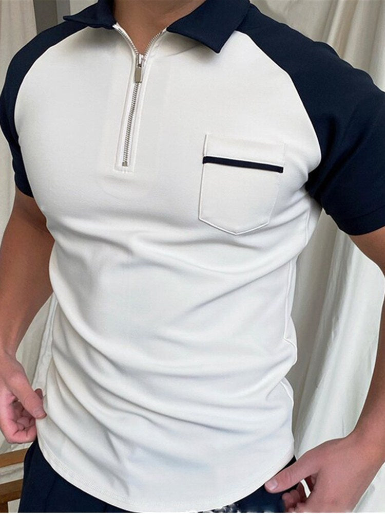 Men's Summer Large Size Splicing Slim Fit Business Casual Lapel Collar Polo Shirts Golf Shirt