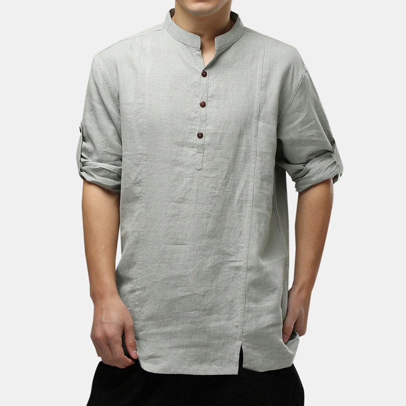 Mens 100% Cotton National Style Three-quarter Sleeve Plain Loose Henley Shirts