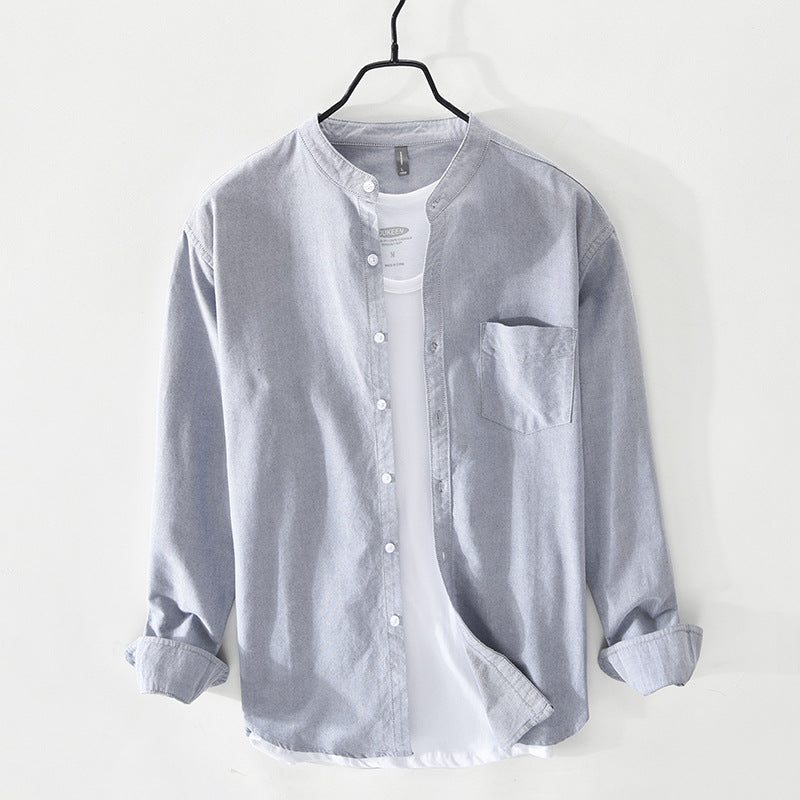 Men's linen shirt fashion stand-up collar solid color simple youth long-sleeved cotton shirt
