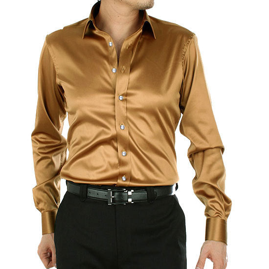 Men's Long Sleeve Shiny Silk Like Satin Dance Prom Dress Shirt Party Button Down Tuxedo Shirts