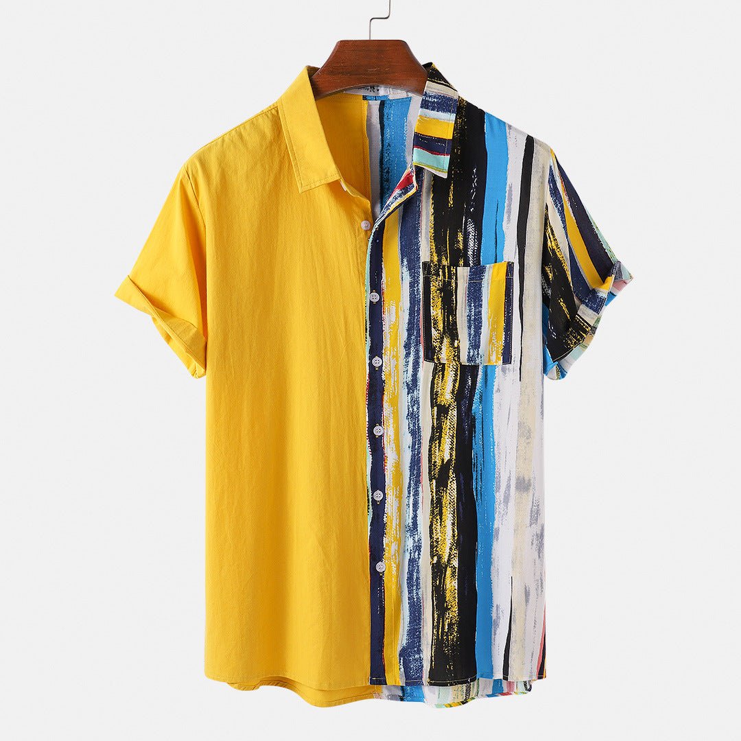 2021 spring and summer new cotton and linen stitching lapel cardigan button short-sleeved men's shirt