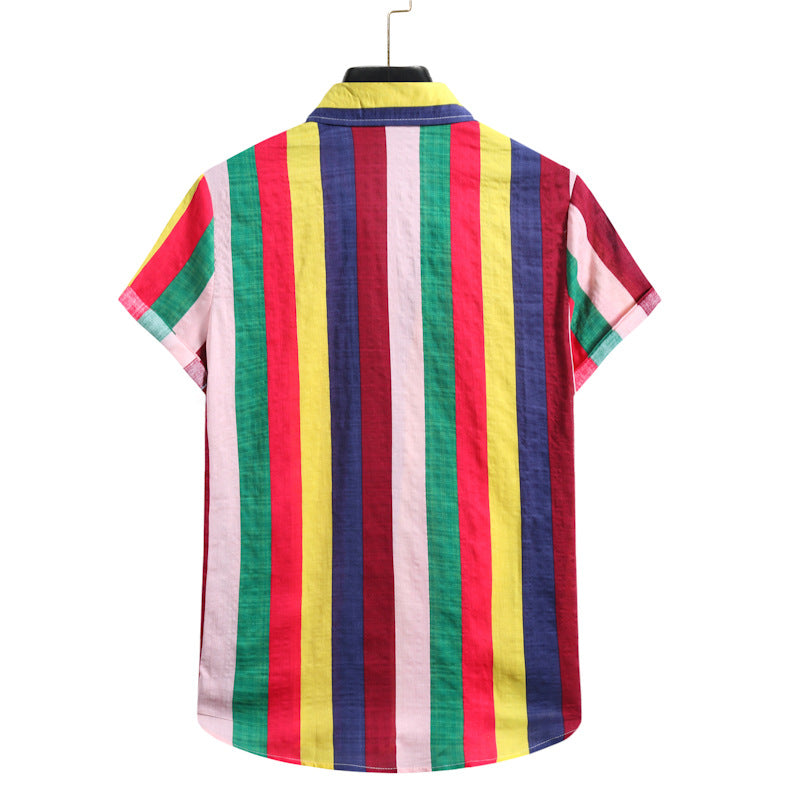 Solid color striped men's casual loose short-sleeved men's shirt