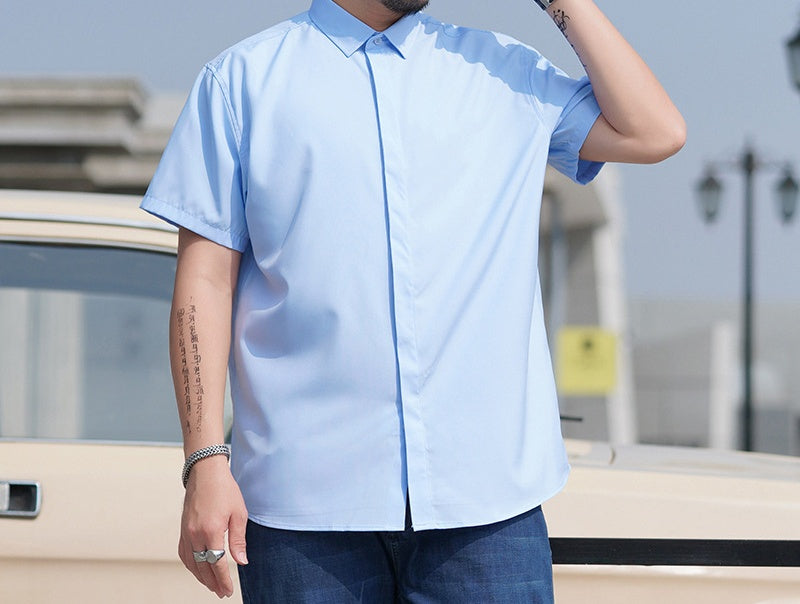 Men'sLoose Large Short Sleeve Shirt Fat Guy Summer Business Casual Thin Solid Color Shirt Fat Brother Plus Fat Inch Shirt