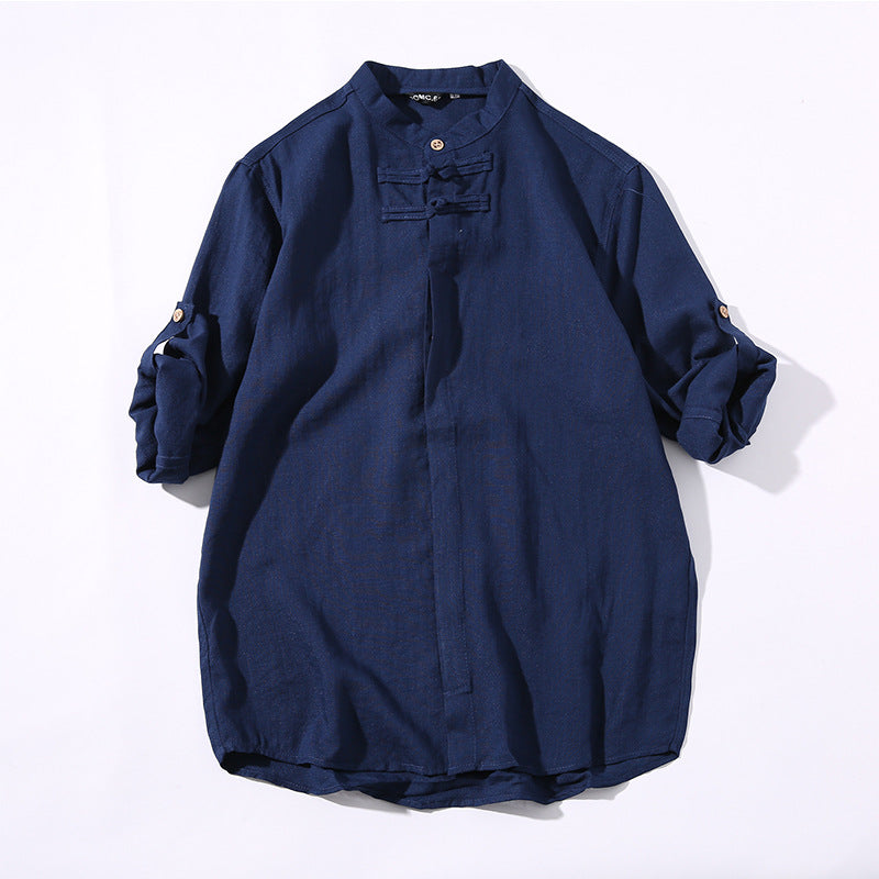 Men's disc button retro solid color cotton and linen shirt