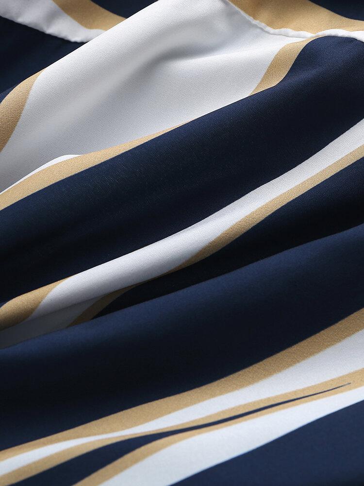 Men Short Sleeves Lapel Striped Pocket Shirt