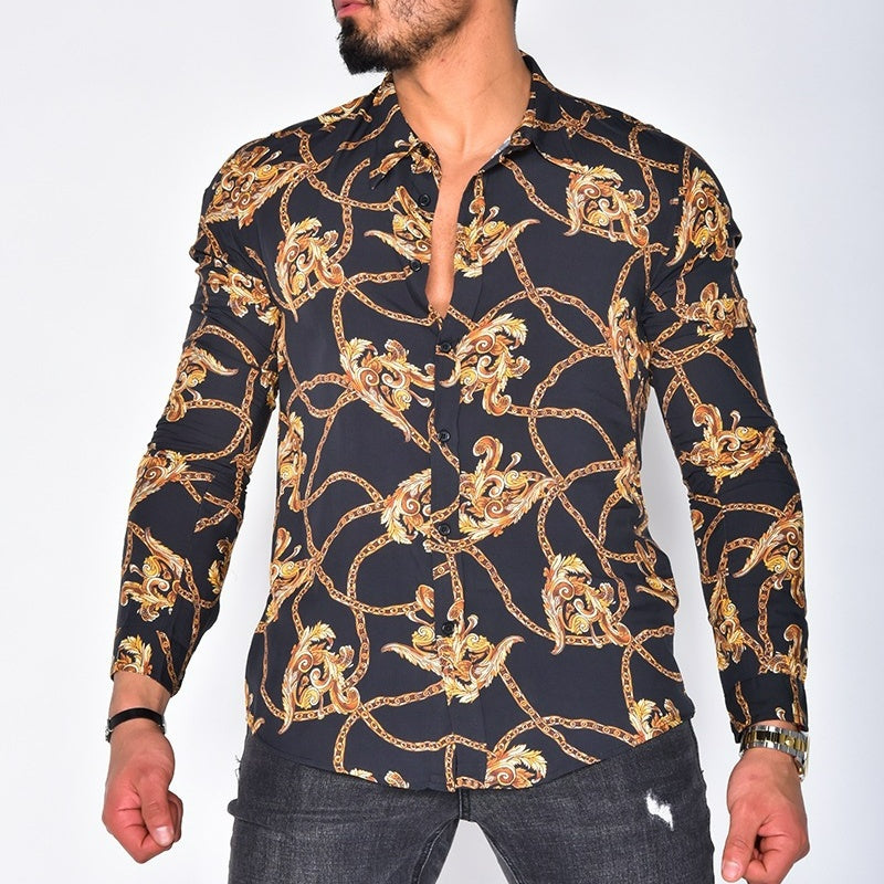 Men's Printed Cardigan Casual Lapel Long Sleeve Shirt