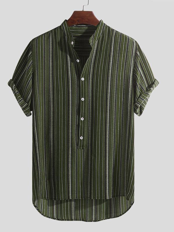 Men Short Sleeves Striped Stand Collar Shirt