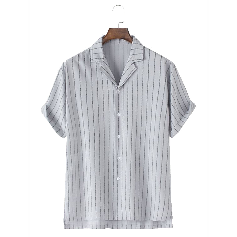 Men's new striped printed shirt Cuban collar shirt Casual fashion short-sleeved shirt