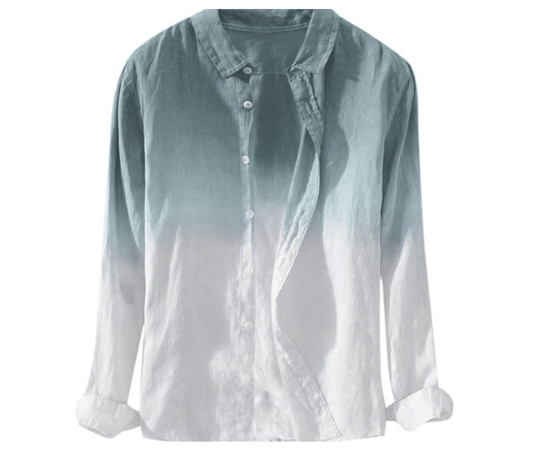Men's casual gradient color cotton and linen long-sleeved shirt