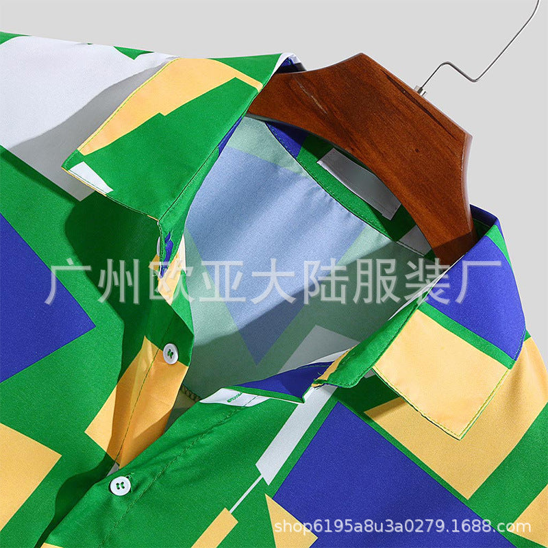 2021 men's printed short-sleeved holiday style seaside shirt men's plus size loose beach shirt