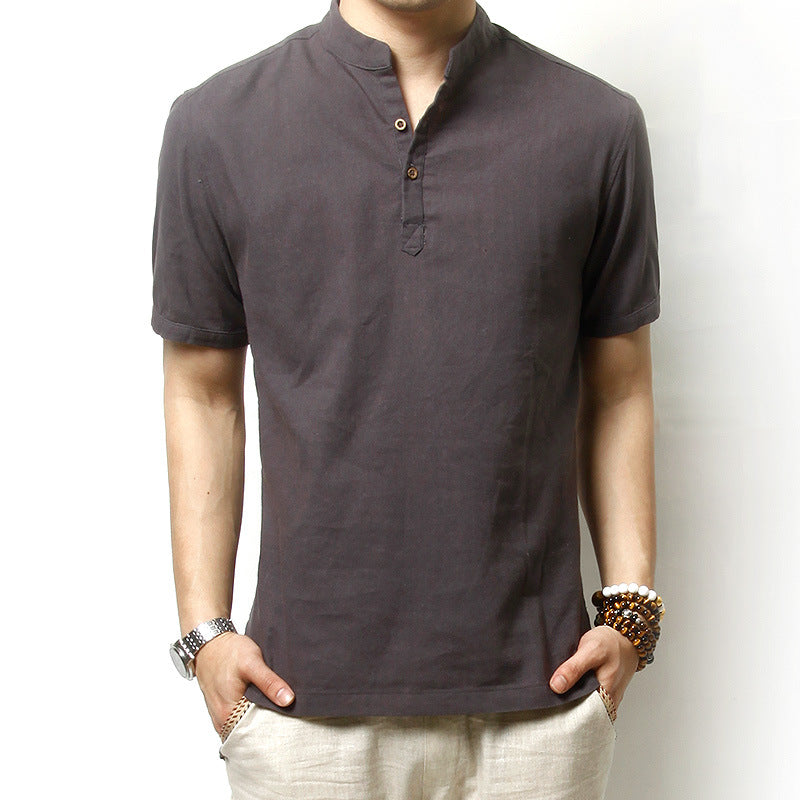 Men's short-sleeved casual stand-collar linen shirt