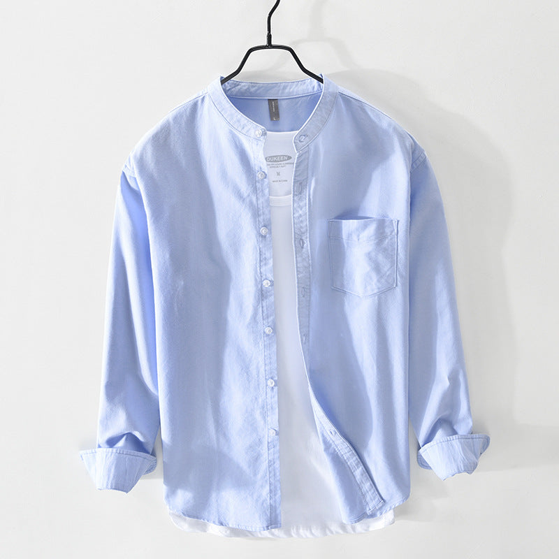 Men's linen shirt fashion stand-up collar solid color simple youth long-sleeved cotton shirt