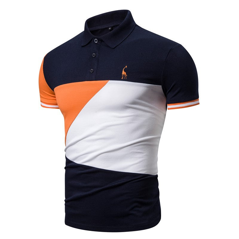 Men's Summer Color Patchwork EmbroiderySlim Fit Business Casual Lapel Collar Polo Shirts Golf Shirt