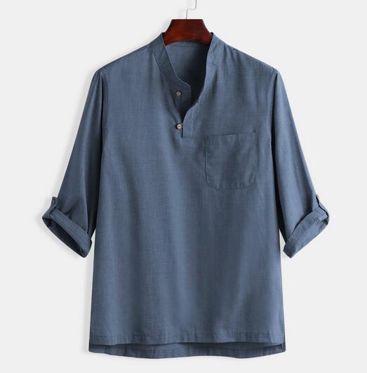 Men's solid color cotton and linen shirt