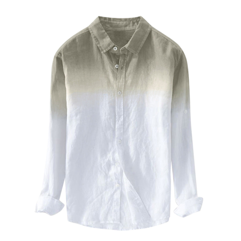 Men's casual gradient color cotton and linen long-sleeved shirt