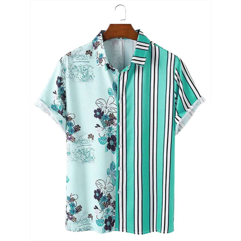 Men's new printed striped stitching shirt, contrast casual short-sleeved shirt