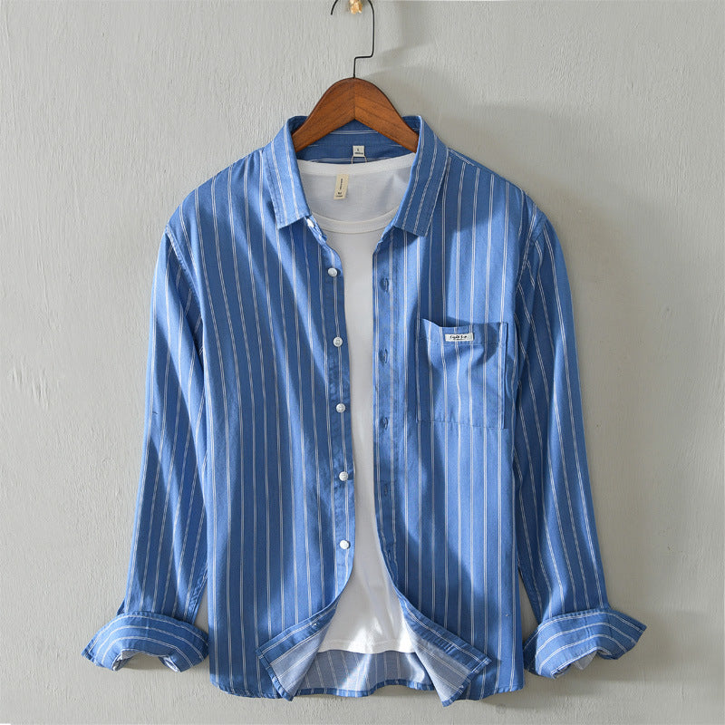 Men's casual long-sleeved striped cotton shirt