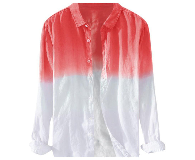 Men's casual gradient color cotton and linen long-sleeved shirt