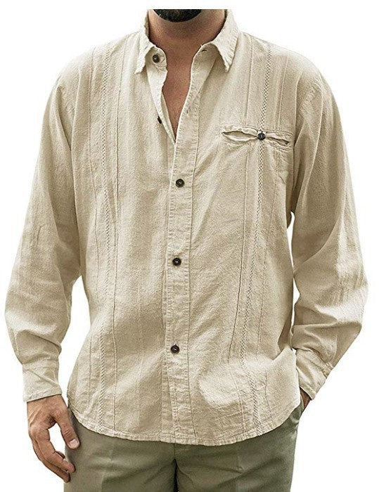 Men's solid color long-sleeved linen shirt lapel button cardigan shirt