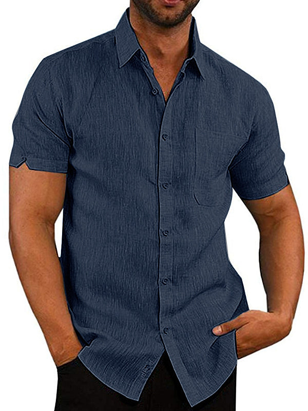 Men's solid color short-sleeved linen buttons shirt