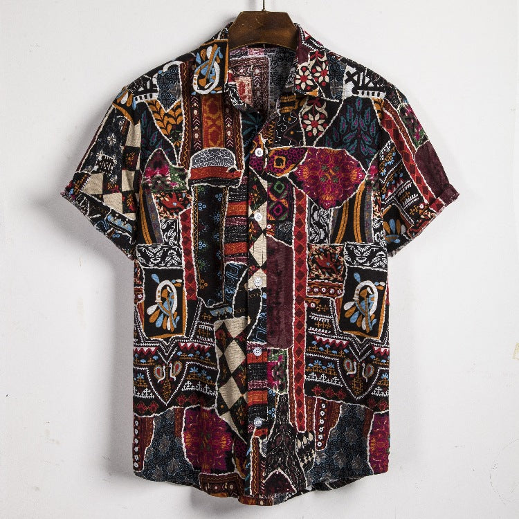 Men's short-sleeved linen floral ethnic floral shirt