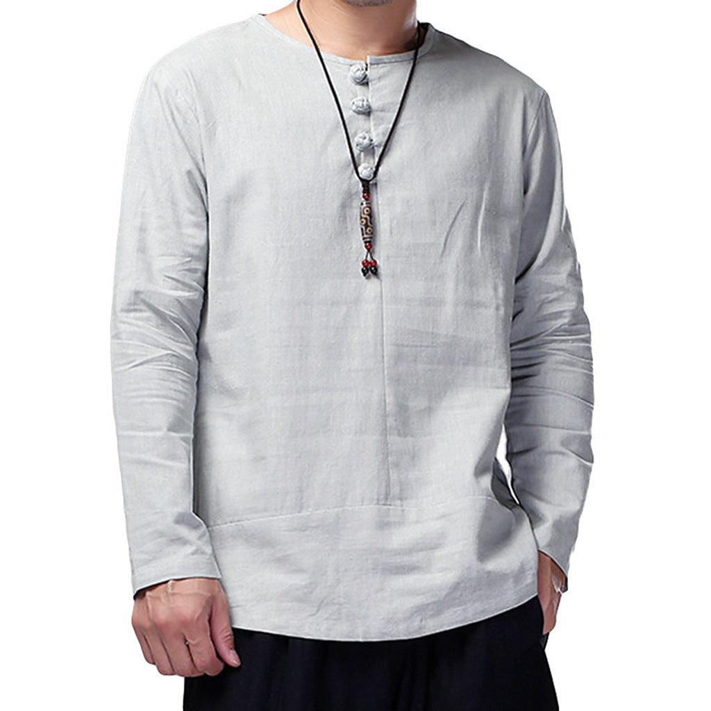 Men's casual cotton and linen long-sleeved T-shirt