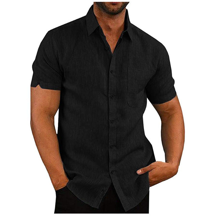 Men's solid color short-sleeved linen buttons shirt