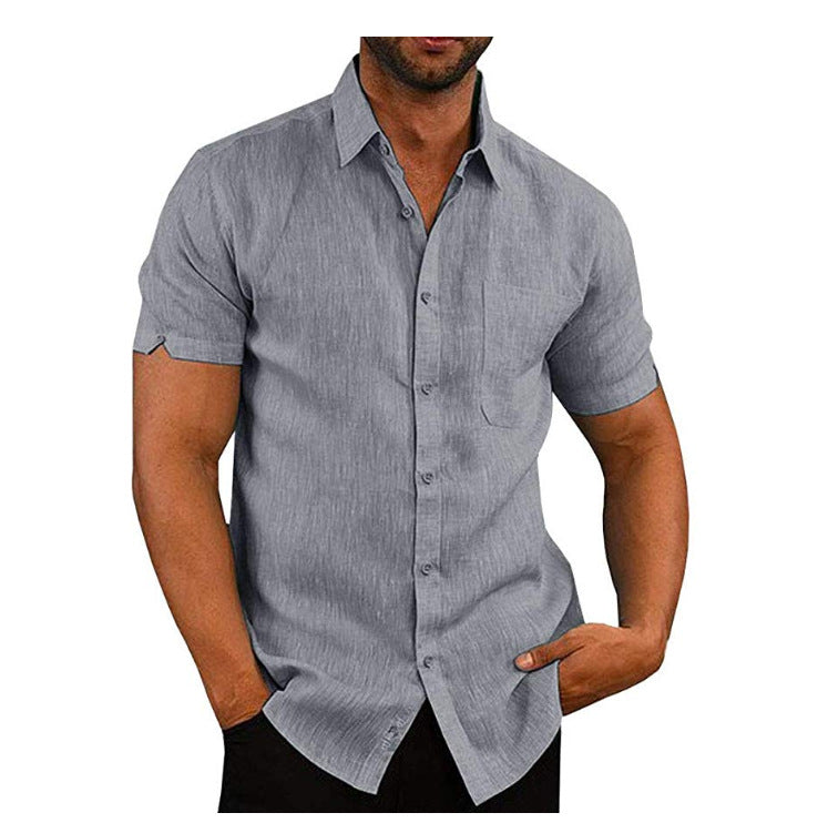Men's solid color short-sleeved linen buttons shirt
