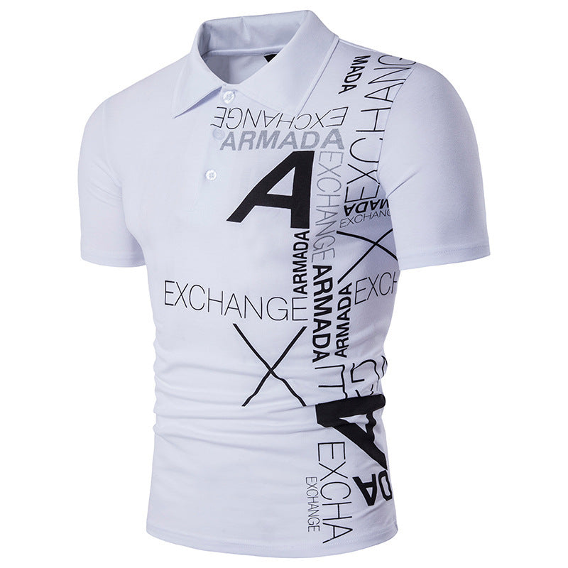 Men's Large Size Letter Printing Slim Fit Business Casual Lapel Collar Polo Shirts Golf Shirt