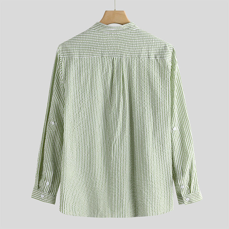 2021 new men's long-sleeved shirt striped long-sleeved shirt linen shirt