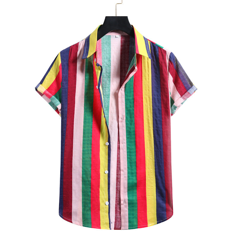 Solid color striped men's casual loose short-sleeved men's shirt
