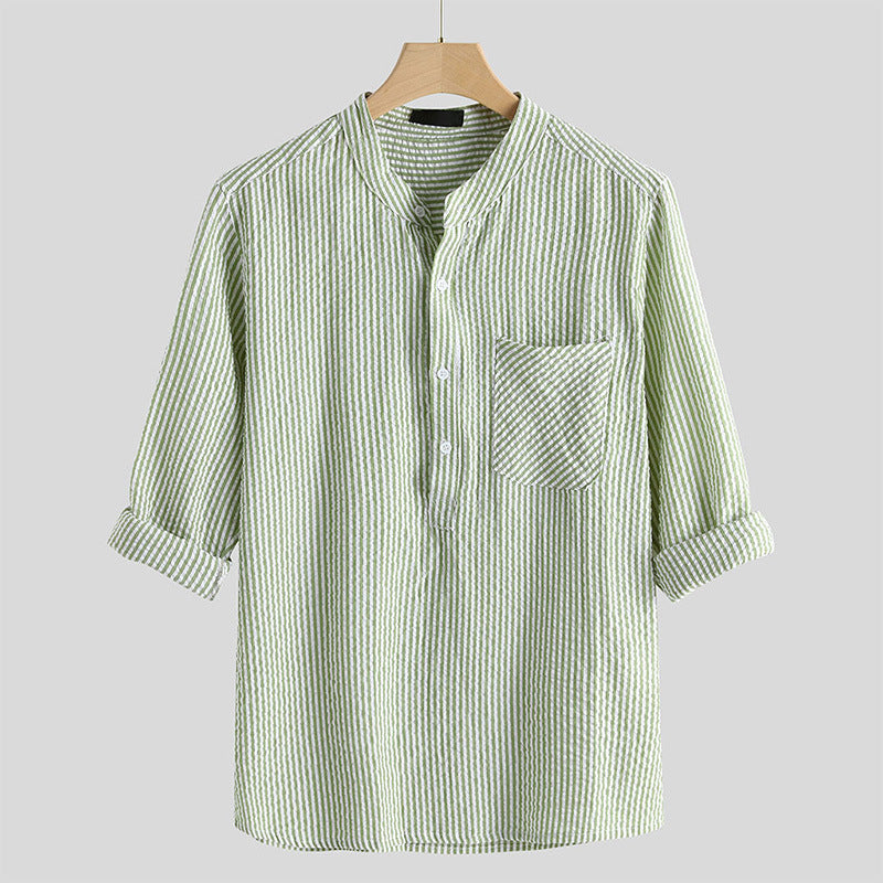 2021 new men's long-sleeved shirt striped long-sleeved shirt linen shirt