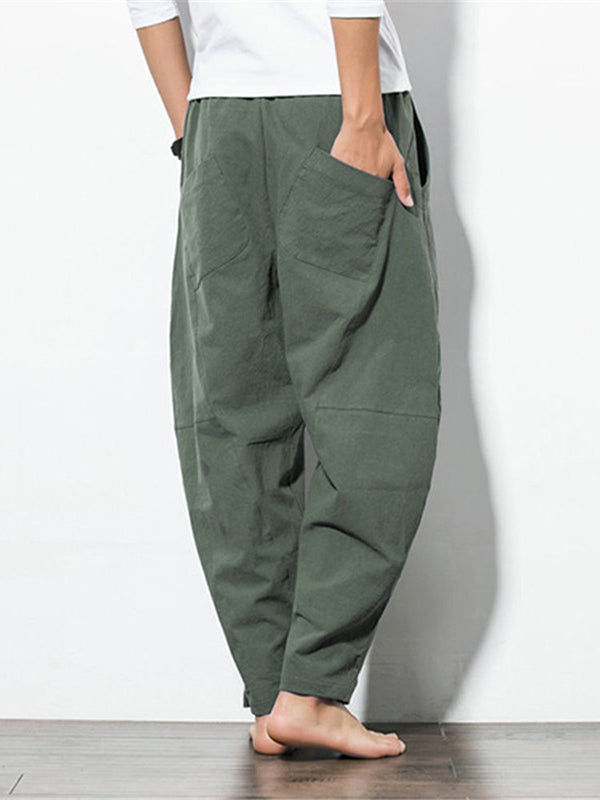 Men's Casual Baggy 100% Cotton Harem Pants Solid Color Loose Wide Leg Pants