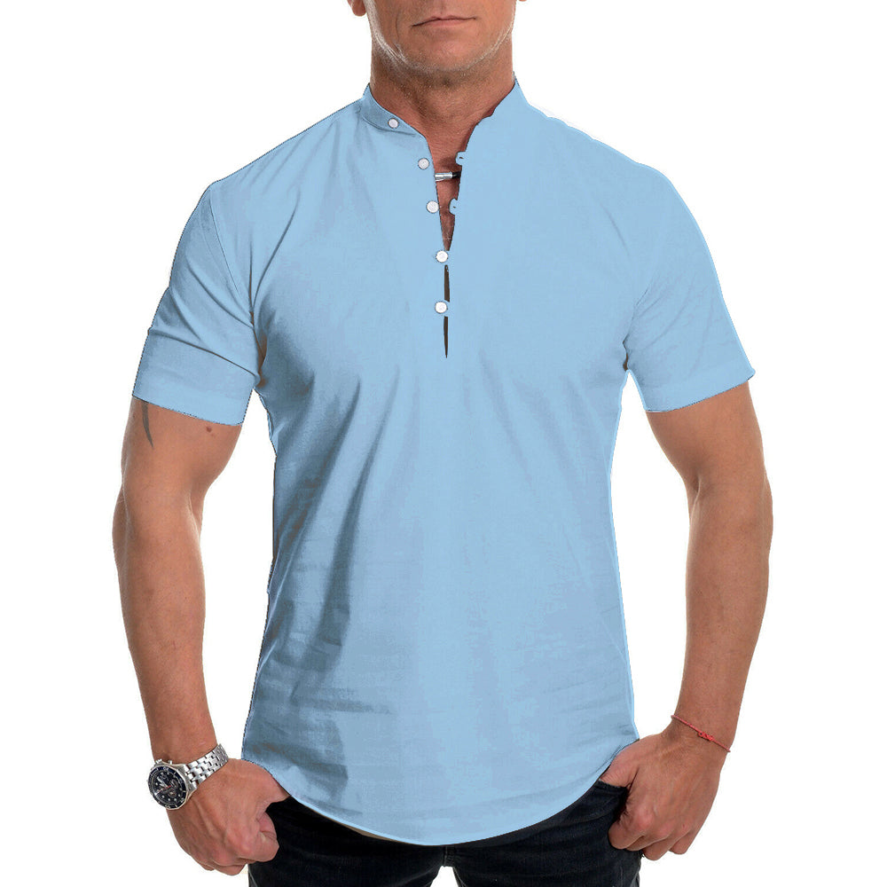 Men's Stand Collar Plain Button Summer Loose Shirt