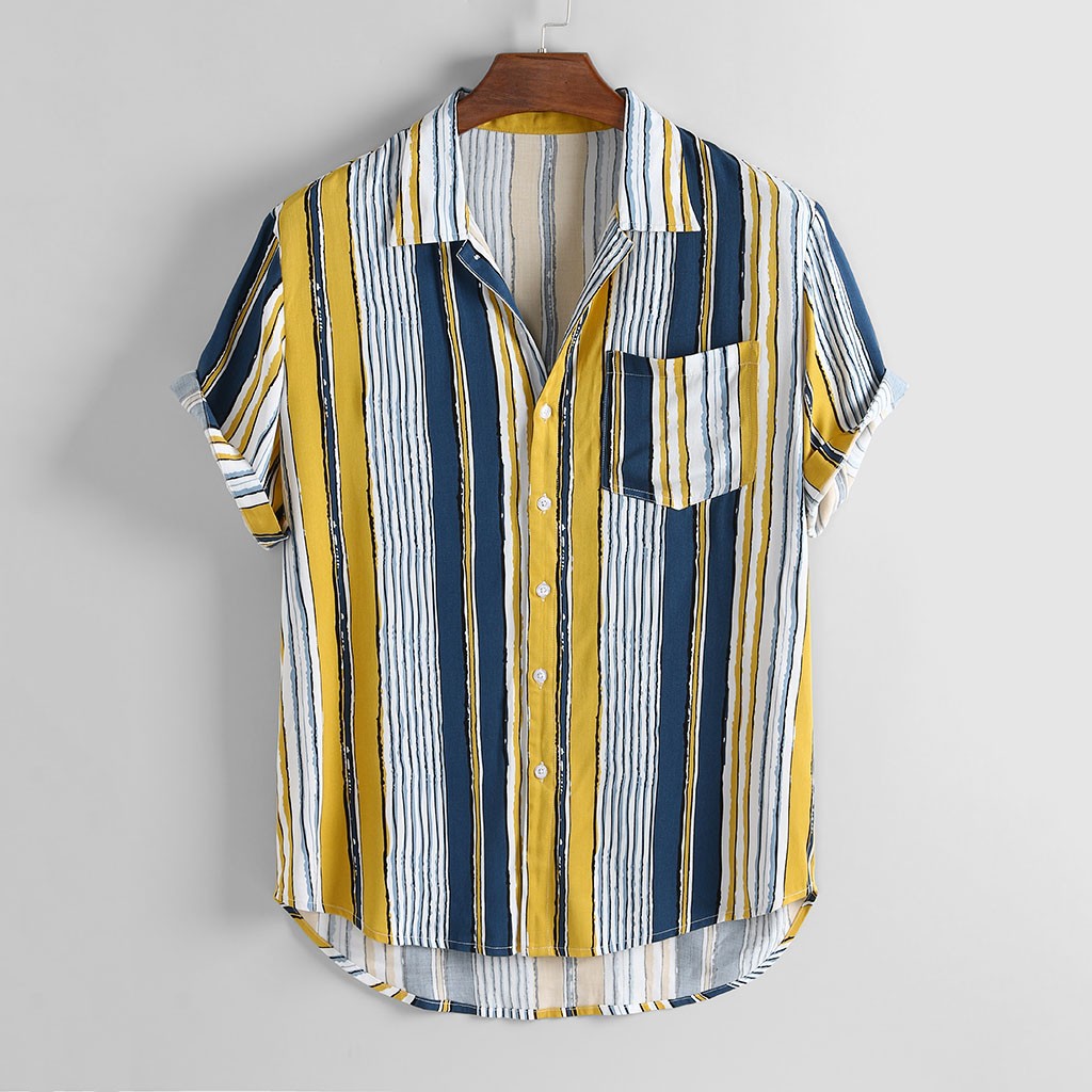 2021 new men's striped short-sleeved printed short-sleeved shirt