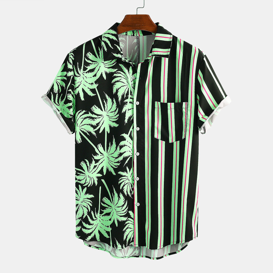 Men's coconut print stripe stitching casual holiday zigzag hem shirt