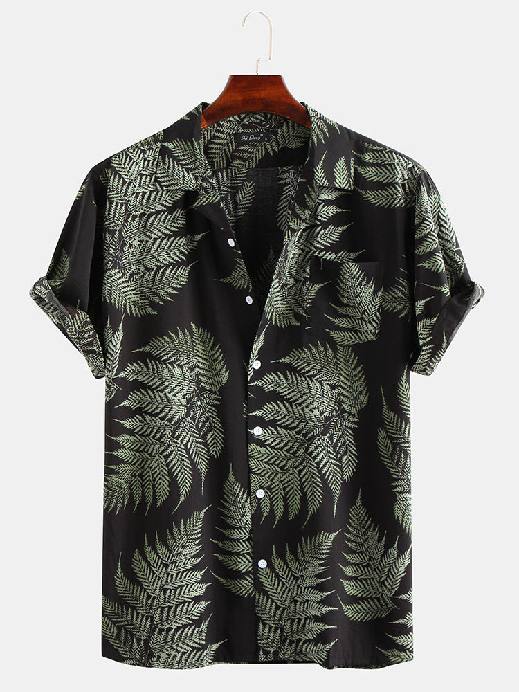 2021 spring and summer new leaf print lapel button plus pocket short-sleeved men's shirt