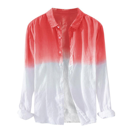 Men's casual gradient color cotton and linen long-sleeved shirt