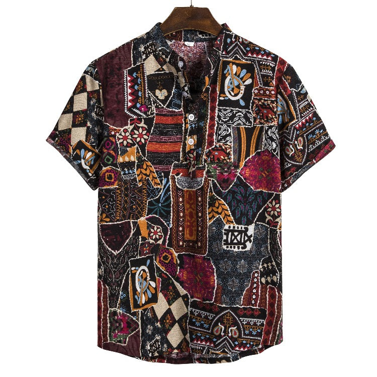 Men's ethnic style linen stand collar printed short-sleeved shirt