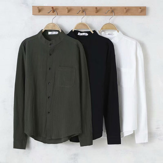 Men's solid color cotton and linen long-sleeved shirt
