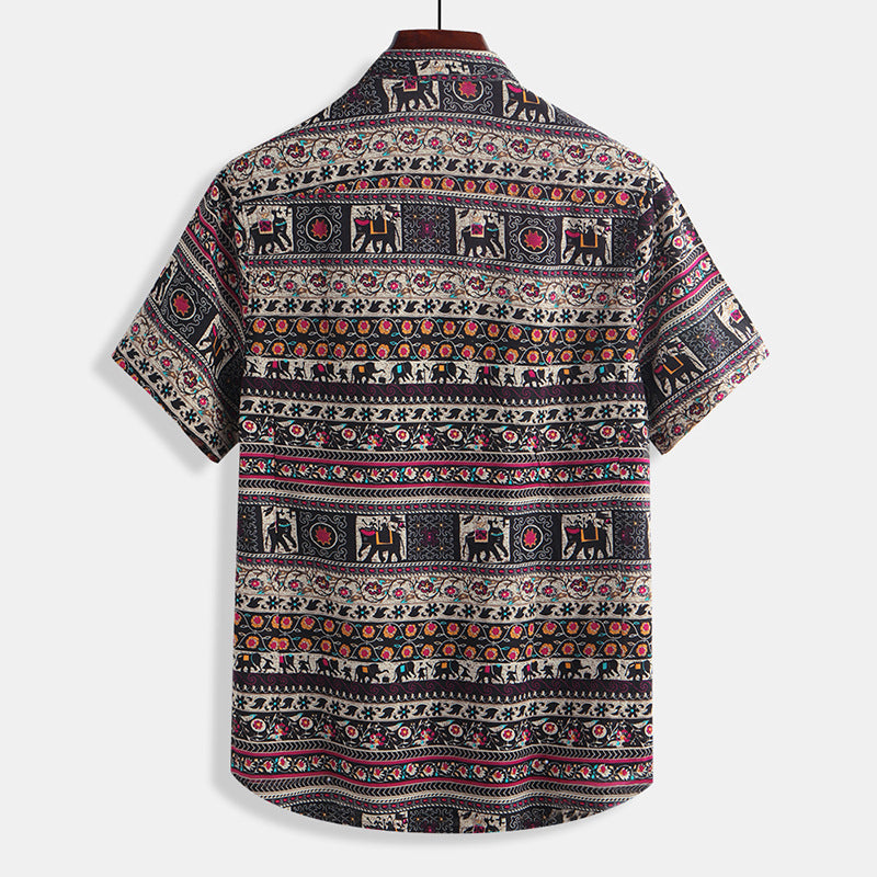 2021 summer new men's casual slim printed linen short-sleeved shirt men